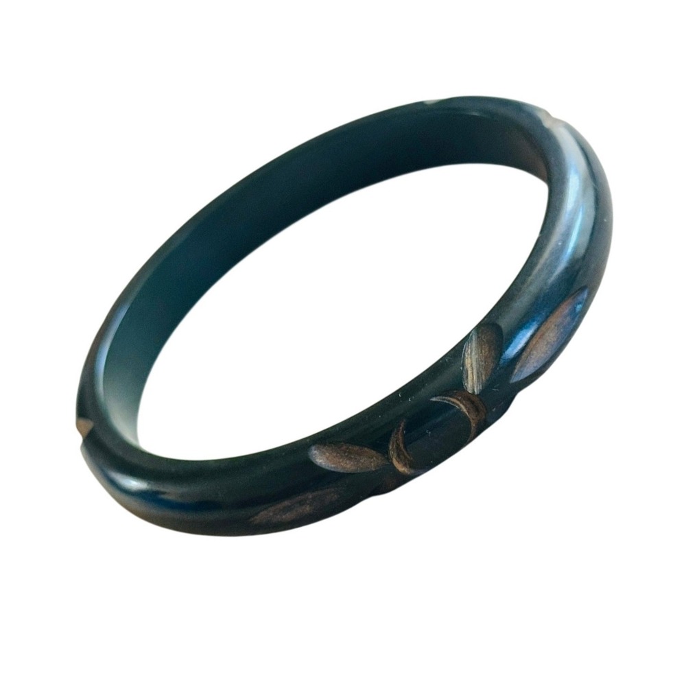 VTG Estate Carved Forest Green Bakelite‎ Bangle Bracelet Tested Art Deco